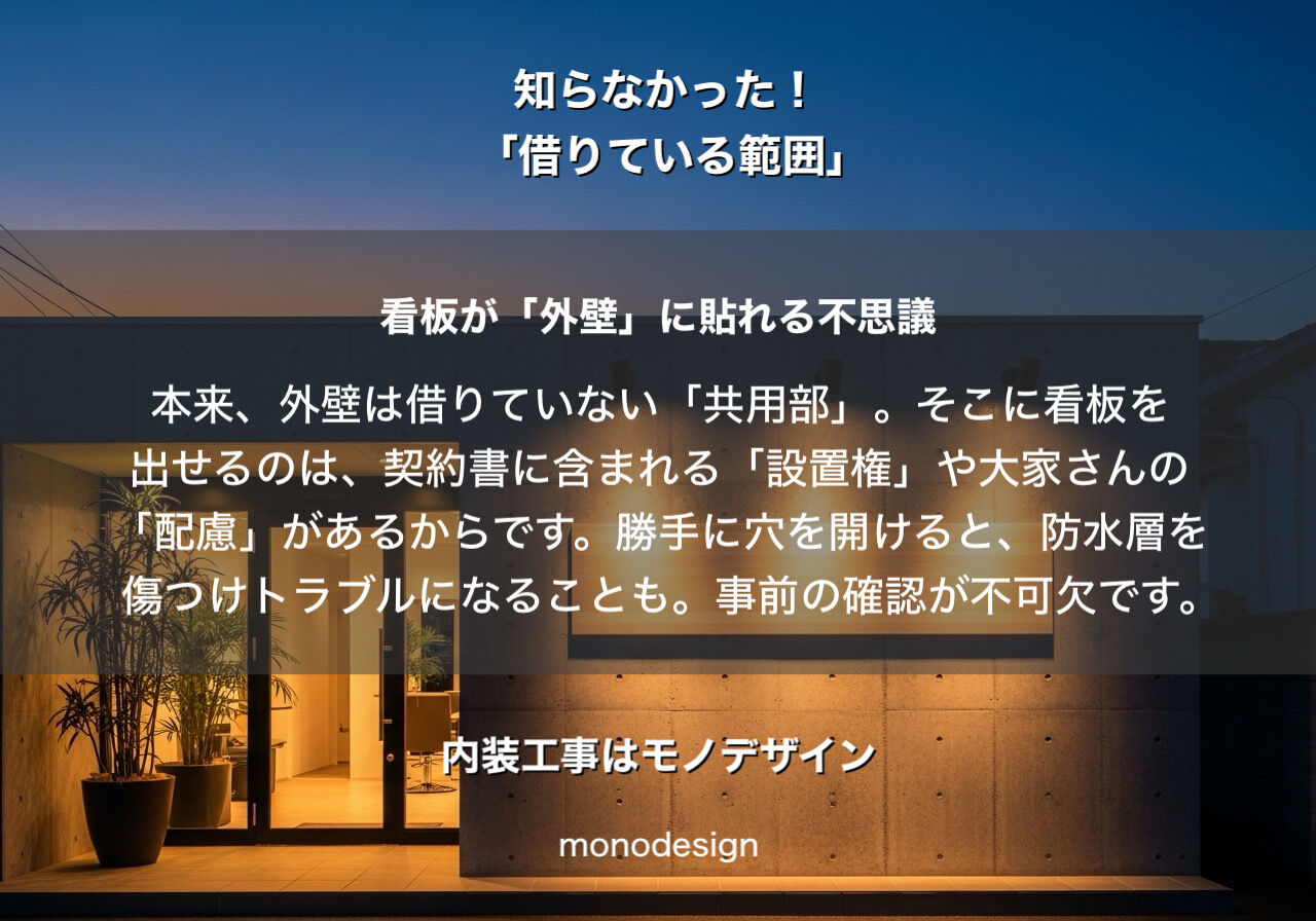 【保存版】店舗オーナーが意外と知らない「借りている範囲」の真実。壁芯・共用部・看板のルールを一級建築士が徹底解説！