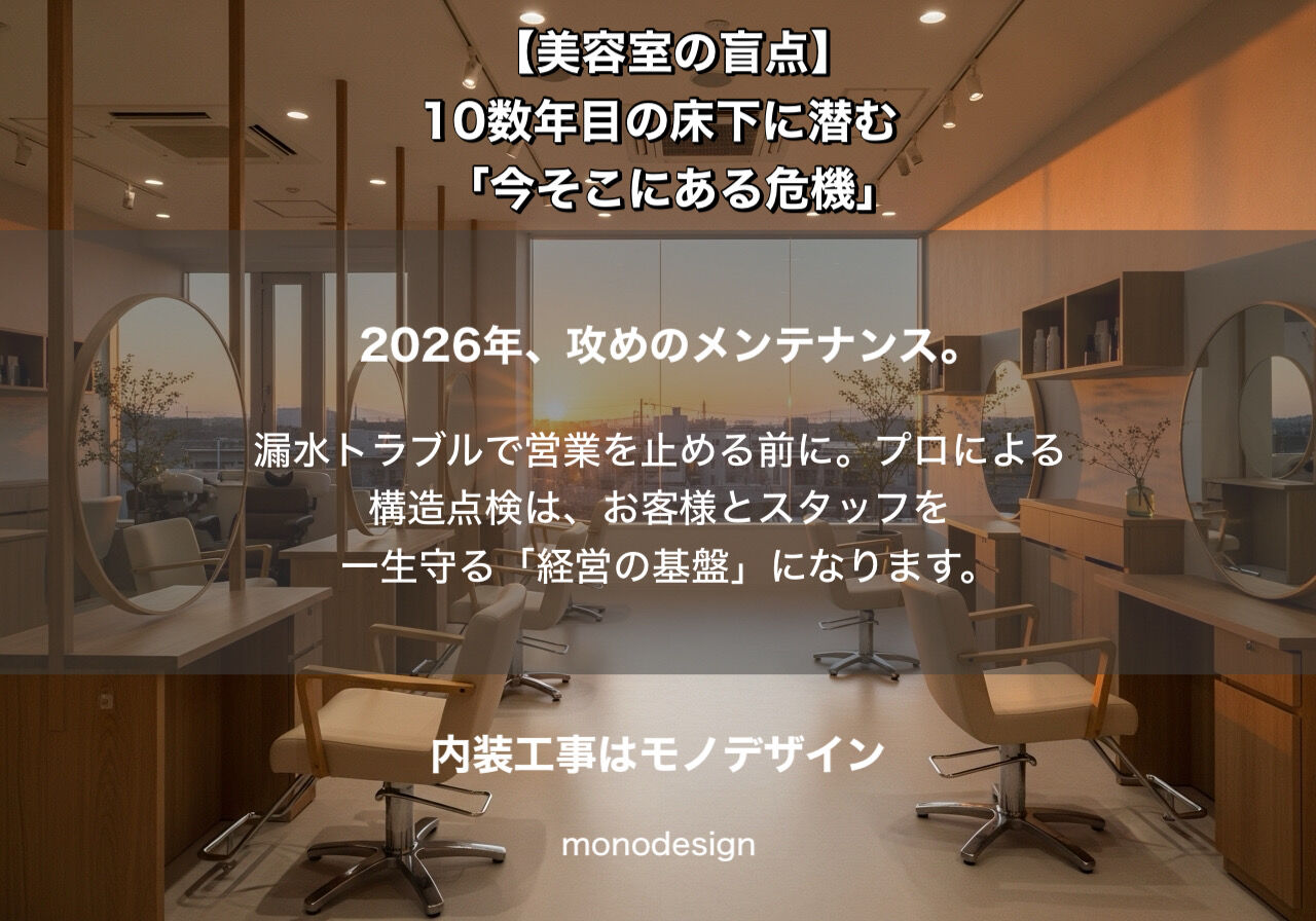 【保存版】2026年、美容室経営を揺るがす「床下の時限爆弾」とは？居抜き15年目のオーナーが今すぐ取り組むべき「攻めのメンテナンス」