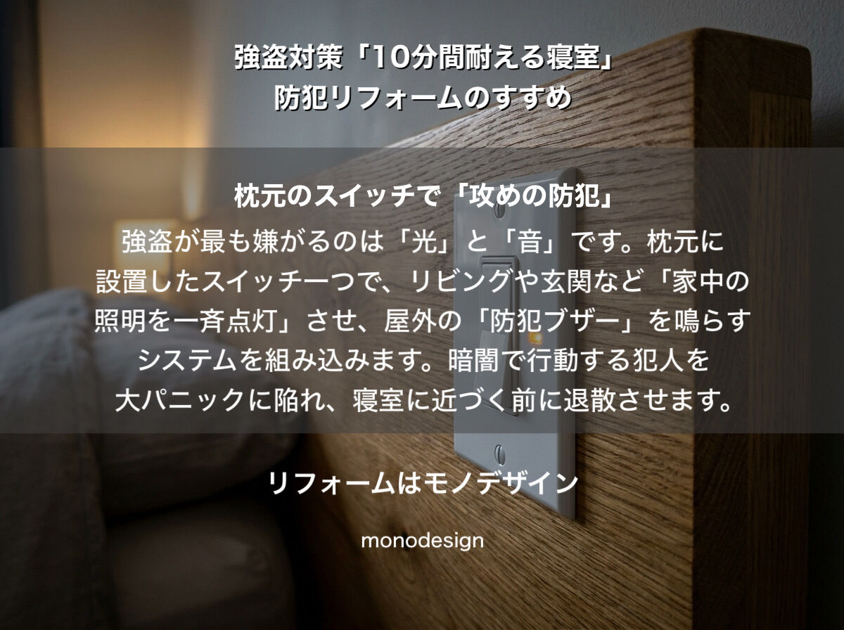大阪で店舗・住宅の強盗対策を考える「10分間耐える寝室」に仕上げる防犯内装デザインと電気設備の工夫
