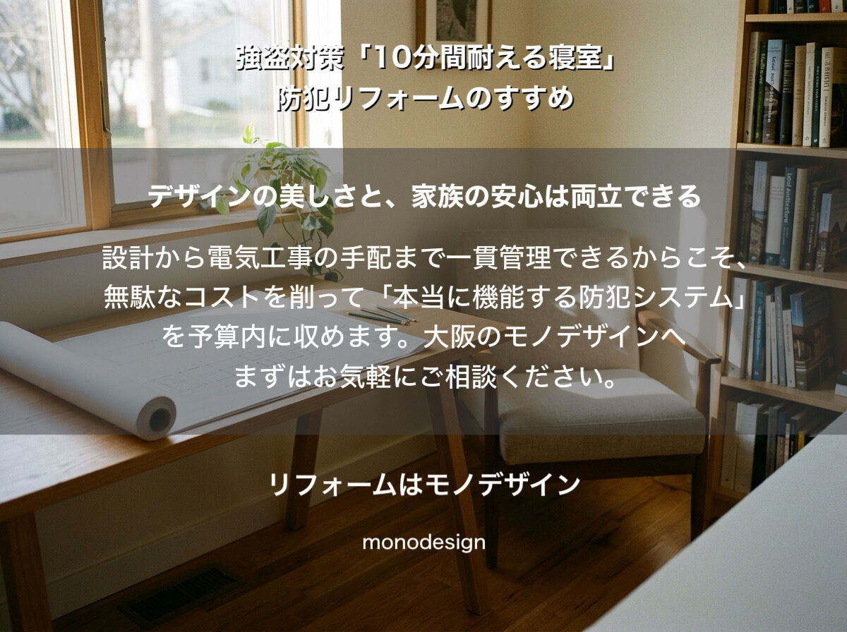 大阪で店舗・住宅の強盗対策を考える「10分間耐える寝室」に仕上げる防犯内装デザインと電気設備の工夫