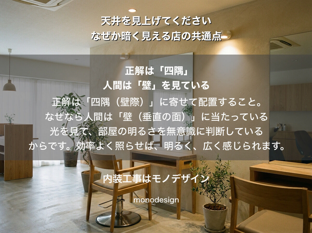 「天井を見え上げて下さい」均一に並べた照明の罠！大阪の美容室・店舗デザインで一級建築士が教える光とコストの引き算の全貌