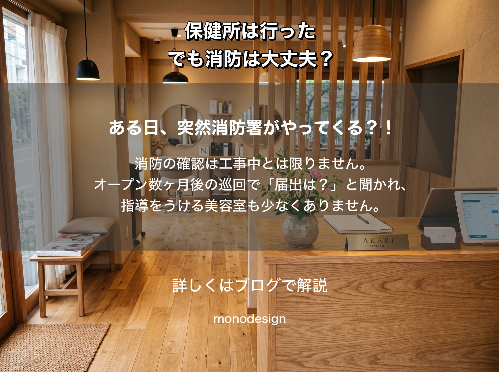 美容室開業で保健所だけでは不十分？オープン後に発覚する消防手続きと追加費用の落とし穴｜大阪の店舗デザイン・内装工事ならモノデザイン